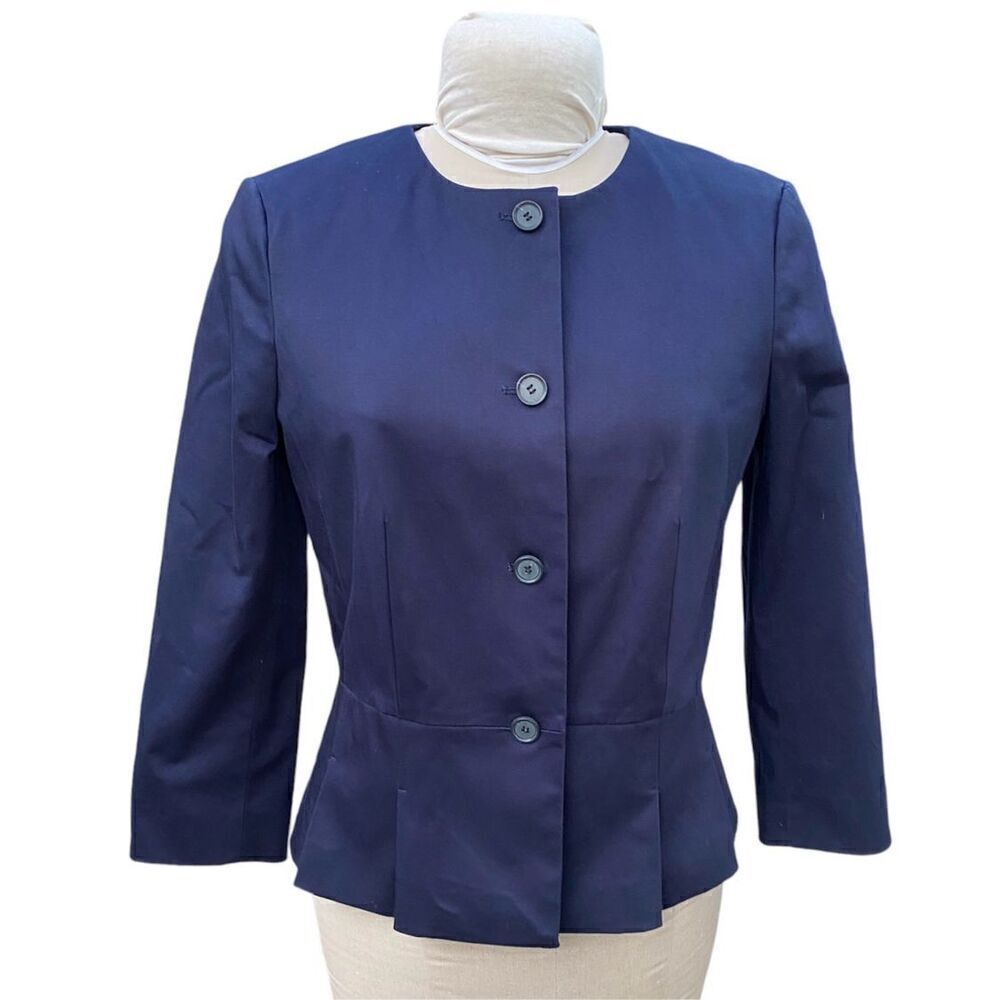 Ann Taylor “The Peplum Jacket in Cotton Sateen” Navy Blue Sz 8 Lined Professiona